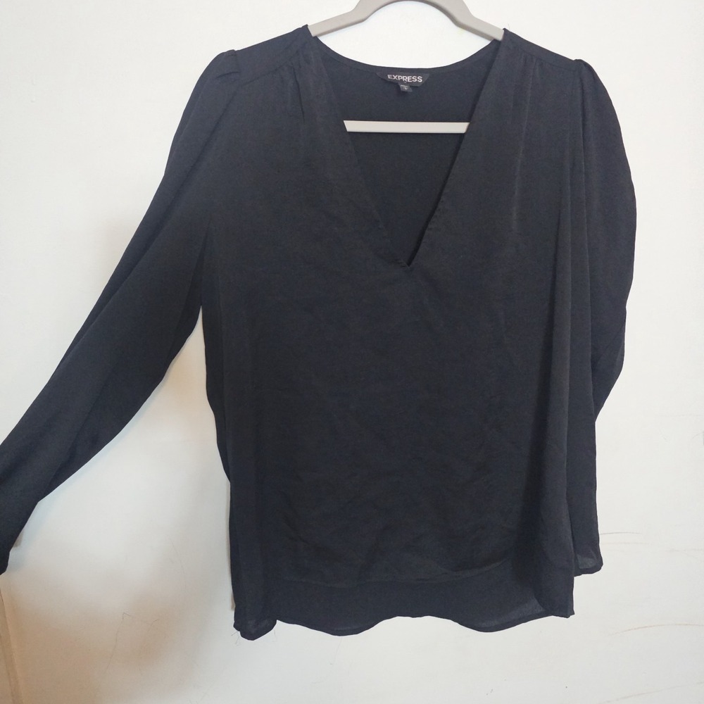 Express Black Top Size Large Dressy Black Blouse Silky Long Sleeve Vneck